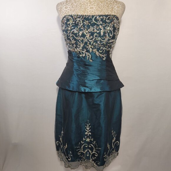 Allure Women's Size 14 Teal Strapless A-Line Appliques Taffeta Prom Dress Formal - Picture 1 of 14